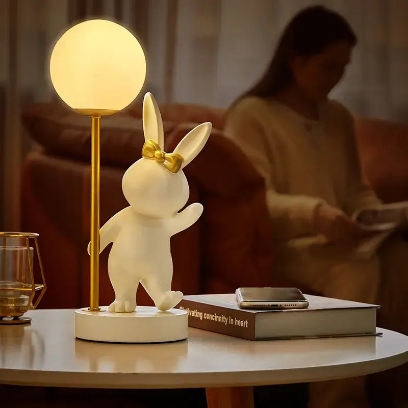 Nordic Rabbit Table Lamp with LED bulb and iron for a cozy living room setting.