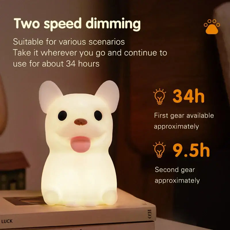 Bulldog-shaped nightlight with two-speed dimming feature.